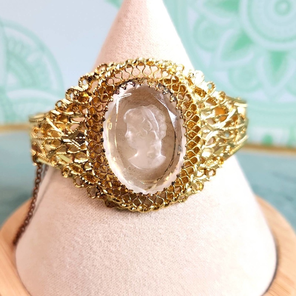 Vintage Whiting and Davis Intaglio Cameo Gold Plate Hinged Cuff Bracelet